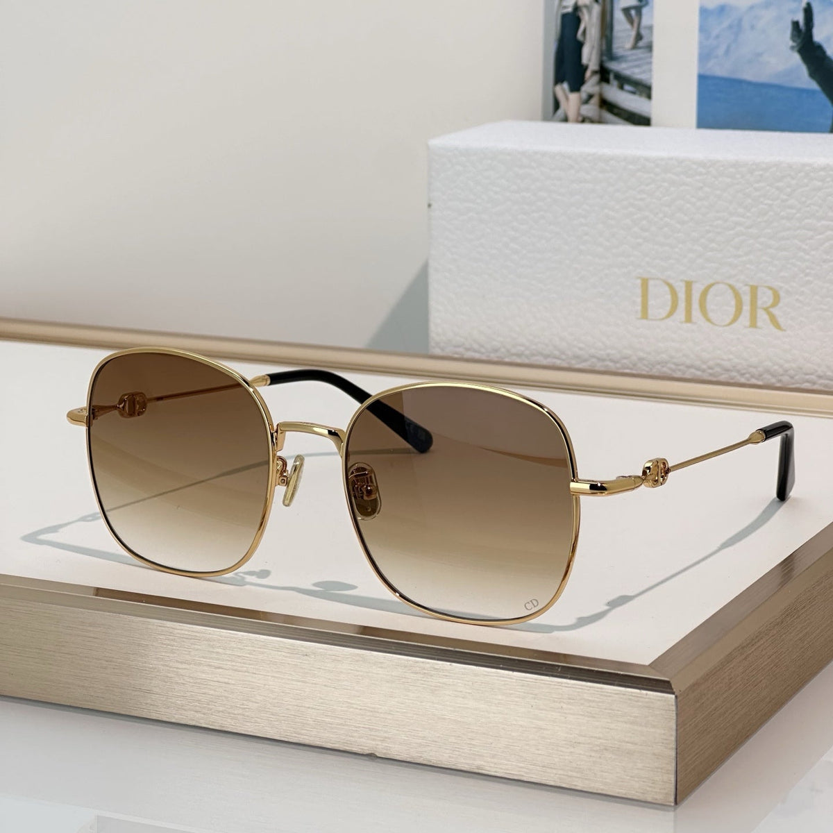 D**R Square Round Optical Glasses with Slim Gold Metal Wire Frame, Clear Blue Light Lenses & CD Logo Hinge Hardware