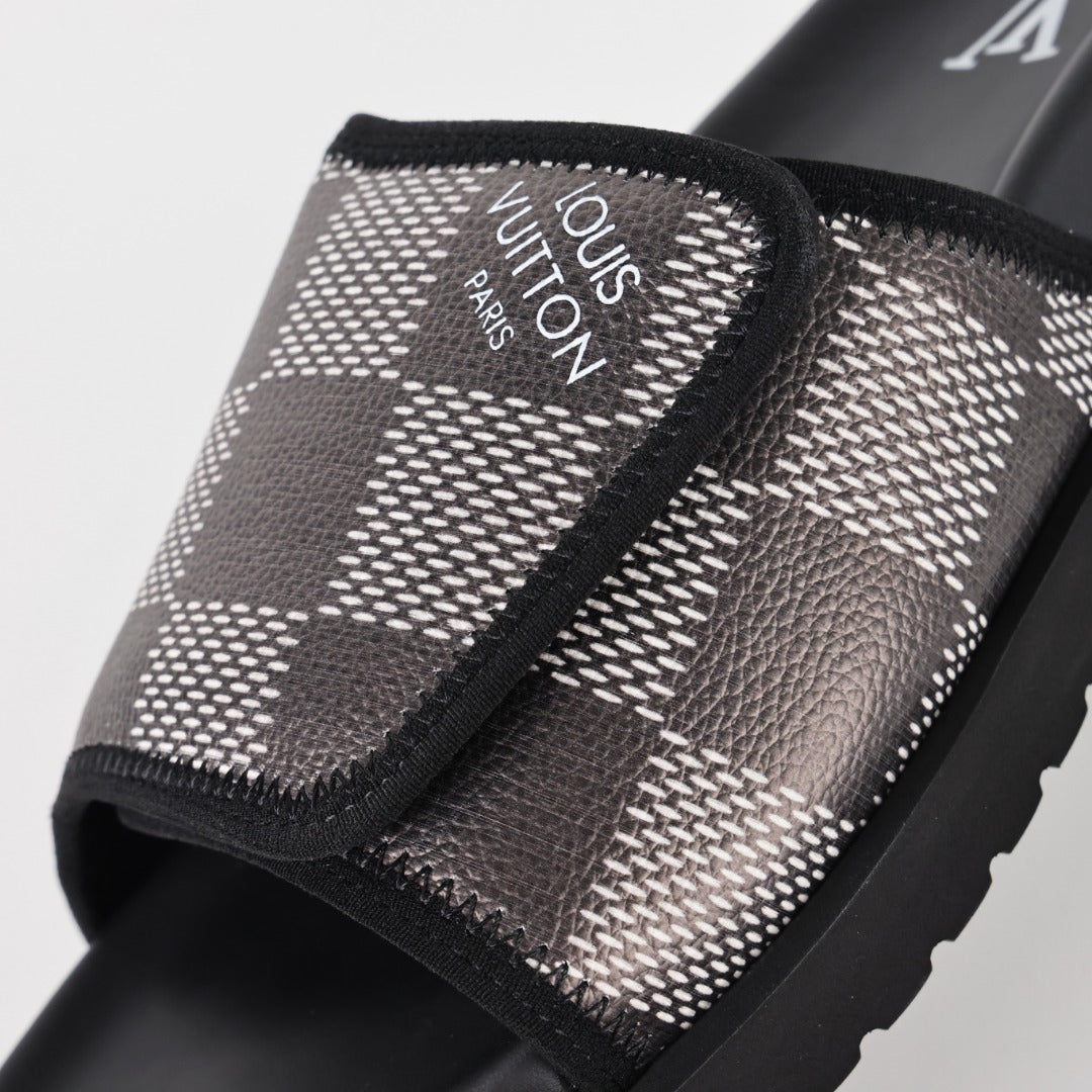 L***V Damier Graphite Black White Grey Woven Jacquard Velcro Adjustable Wide Strap Miami Slide Sandals — Spring Summer Boutique Limited Edition