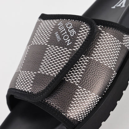 L***V Damier Graphite Black White Grey Woven Jacquard Velcro Adjustable Wide Strap Miami Slide Sandals — Spring Summer Boutique Limited Edition
