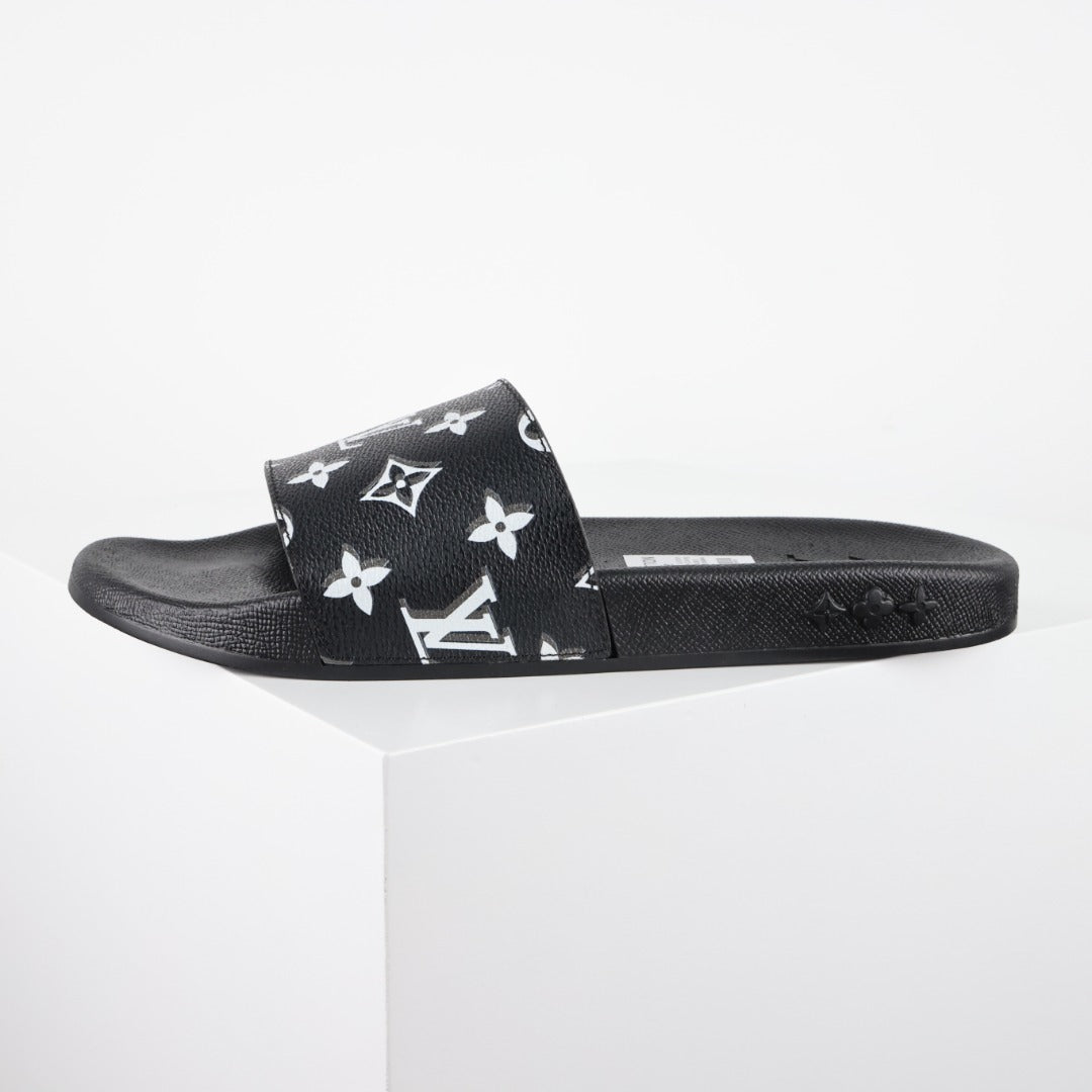 L***V Black White All-Over Oversized Monogram Waterfront Wide Strap Slide Sandals — Spring Summer Boutique Limited Edition