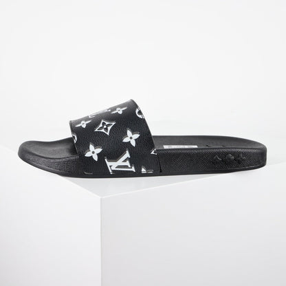 L***V Black White All-Over Oversized Monogram Waterfront Wide Strap Slide Sandals — Spring Summer Boutique Limited Edition