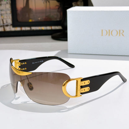 D**R Rimless Wraparound Shield Sunglasses with Grey Purple Gradient Lens, Black Temples & Oversized Gold CD Logo Hardware