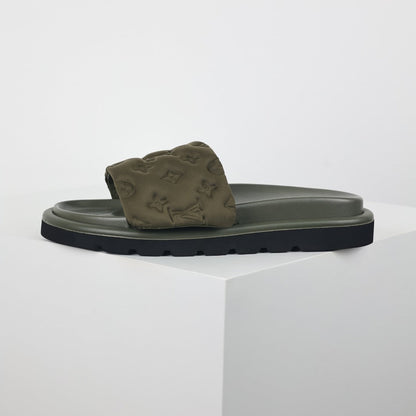 L***V Olive Green Tonal Monogram Puffy Quilted Wide Strap Flat Slide Sandals — 2024 Spring Summer Boutique Limited Edition