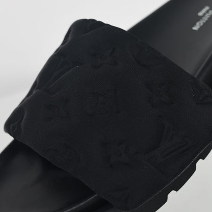 L***V All-Black Tonal Monogram Puffy Quilted Wide Strap Platform Slide Sandals — 2024 Spring Summer Boutique Limited Edition