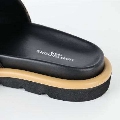 L***V Monogram Canvas LV Logo Slide Sandals — SS24 Gold Hardware Wide Band Slip-On Pool Beach Slippers (4 Colors)
