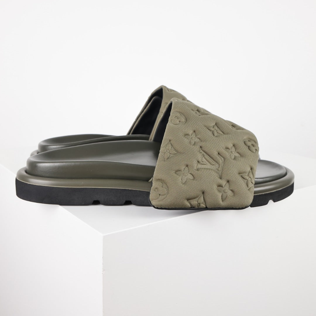 L***V Monogram Embossed Velvet Slide Sandals — Tonal Wide Band Slip-On Pool Beach Slippers (5 Colors)