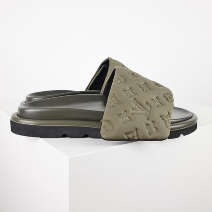 L***V Monogram Embossed Velvet Slide Sandals — Tonal Wide Band Slip-On Pool Beach Slippers (5 Colors)