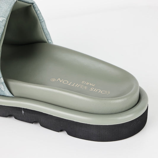 L***V Ice Blue Metallic Embossed Monogram Leather Wide Strap Platform Slide Sandals — Spring Summer Boutique Limited Edition
