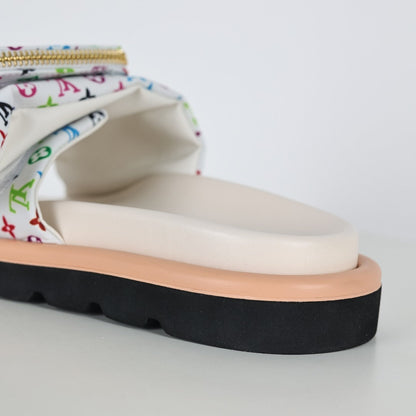 L***V White Multicolor Monogram Gold Zipper Bow Wide Strap Pool Pillow Slide Sandals — Spring Summer Boutique Limited Edition
