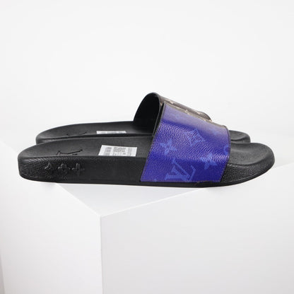 L***V Brown Monogram Cobalt Blue Split Colorblock Waterfront Wide Strap Slide Sandals — Spring Summer Boutique Limited Edition