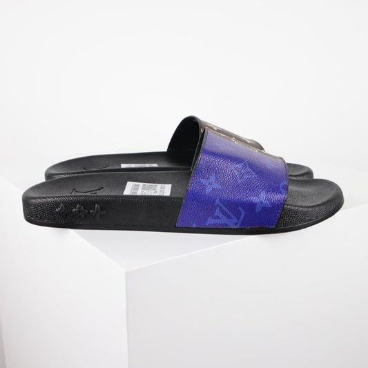 L***V Brown Monogram Cobalt Blue Split Colorblock Waterfront Wide Strap Slide Sandals — Spring Summer Boutique Limited Edition