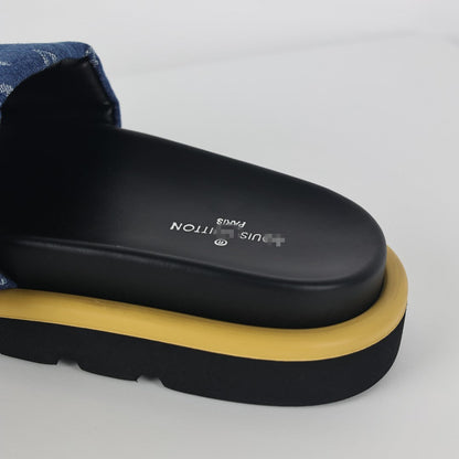 L***V Blue Denim Monogram Gold Bar Platform Slide Sandals — 2024 Spring Summer Boutique Limited Edition