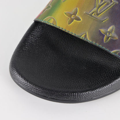 L***V Black Rainbow Iridescent Holographic Monogram Waterfront Wide Strap Slide Sandals — Spring Summer Boutique Limited Edition