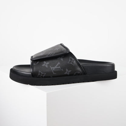 L***V Monogram Eclipse All-Black Velcro Adjustable Wide Strap Miami Slide Sandals — Spring Summer Boutique Limited Edition