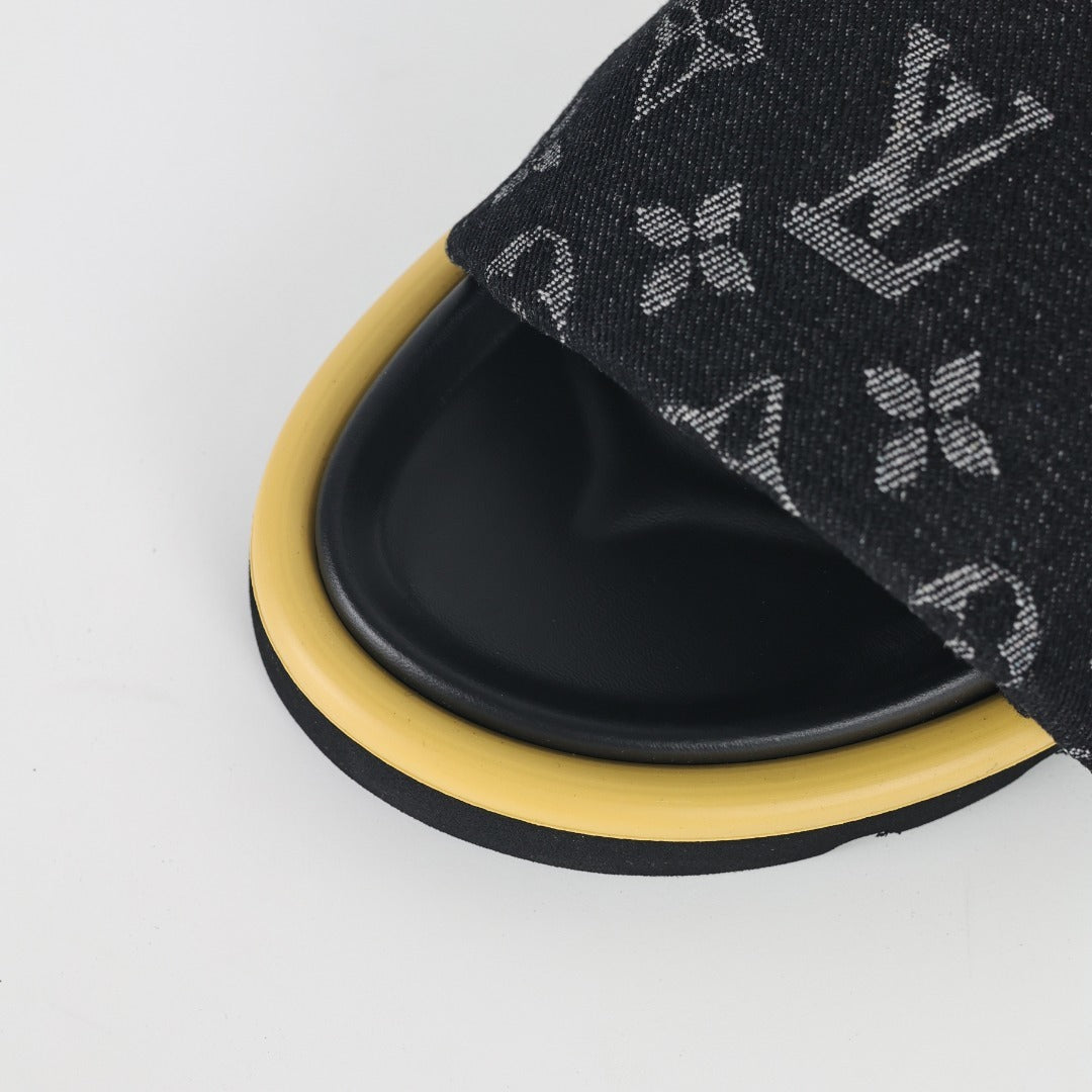 L***V Black Monogram Canvas Gold Safety Pin Platform Slide Sandals — 2024 Spring Summer Boutique Limited Edition