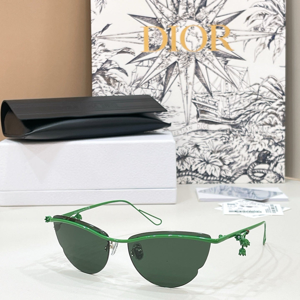 D**R Semi-Rimless Cat-Eye Sunglasses with Silver Frame, Grey Gradient Lenses & Figurine Charm Detail