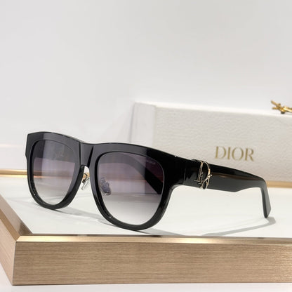 D**R Square Cat-Eye Sunglasses | Gloss Black Acetate Frame, Gold CD Letter Hinge Inlay, Gradient Grey Lenses