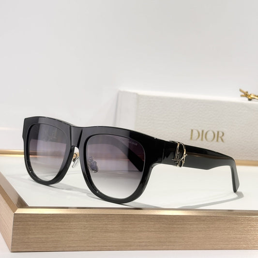 D**R Square Cat-Eye Sunglasses | Gloss Black Acetate Frame, Gold CD Letter Hinge Inlay, Gradient Grey Lenses