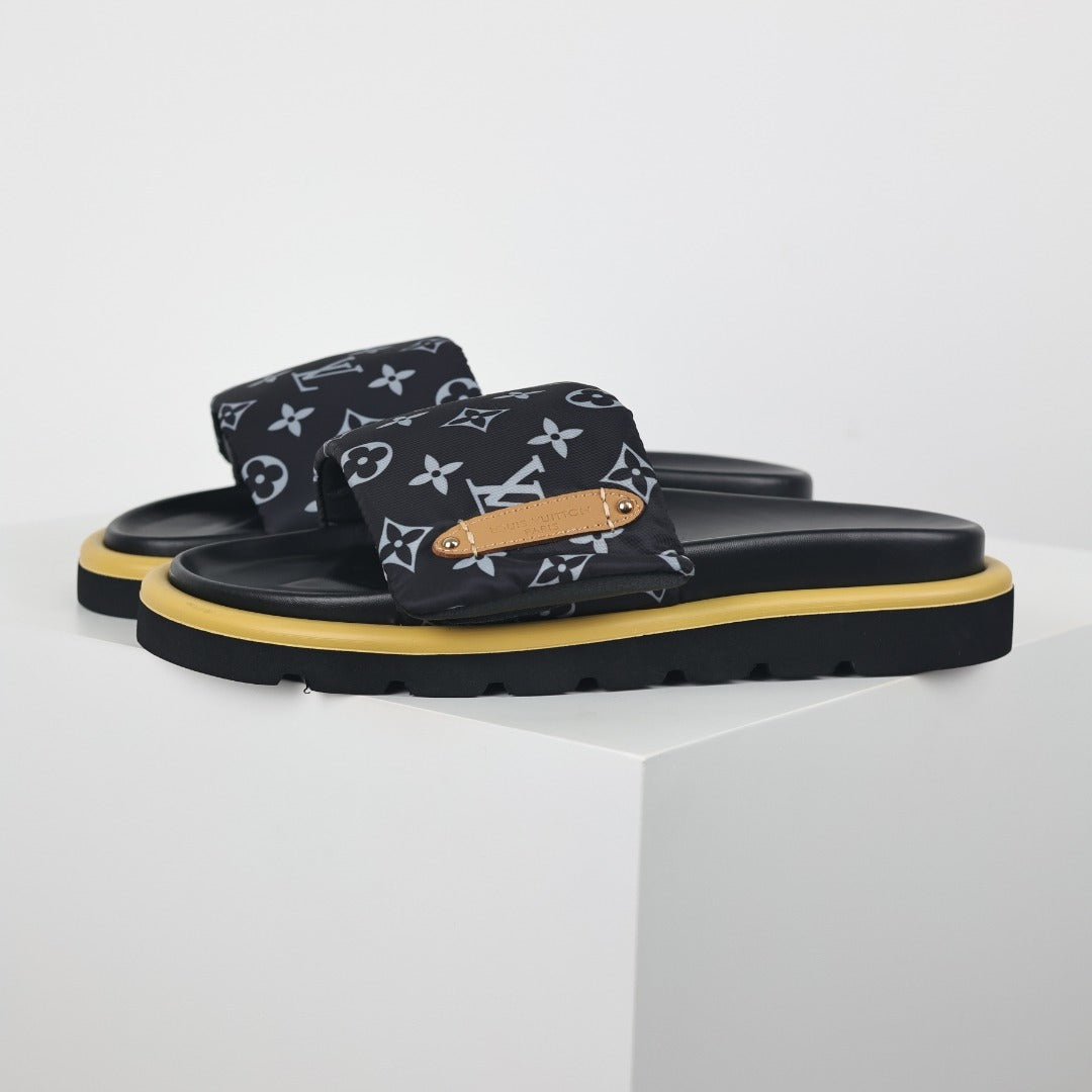 L***V All-Black Monogram Canvas Gold Bar Platform Slide Sandals — 2024 Spring Summer Boutique Limited Edition