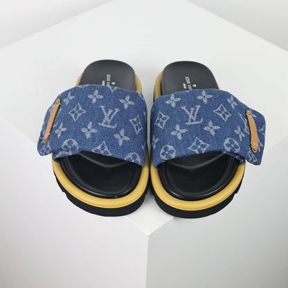 L***V Blue Denim Monogram Gold Bar Platform Slide Sandals — 2024 Spring Summer Boutique Limited Edition