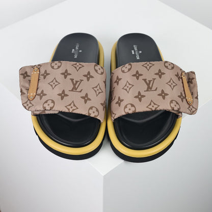 L***V Brown Classic Monogram Canvas Wide Strap Platform Slide Sandals — 2024 Spring Summer Boutique Limited Edition