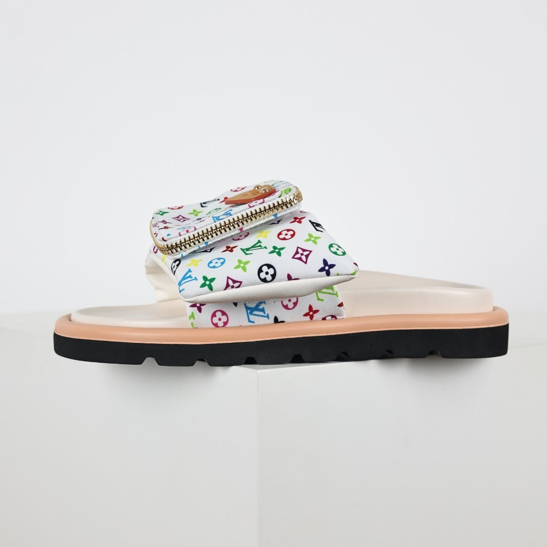 L***V White Multicolor Monogram Gold Zipper Bow Wide Strap Pool Pillow Slide Sandals — Spring Summer Boutique Limited Edition