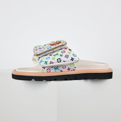 L***V White Multicolor Monogram Gold Zipper Bow Wide Strap Pool Pillow Slide Sandals — Spring Summer Boutique Limited Edition