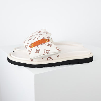 L***V Monogram Canvas Velcro Strap Slide Sandals — SS24 Cream Wide Band Slip-On Pool Beach Slippers (4 Colors)