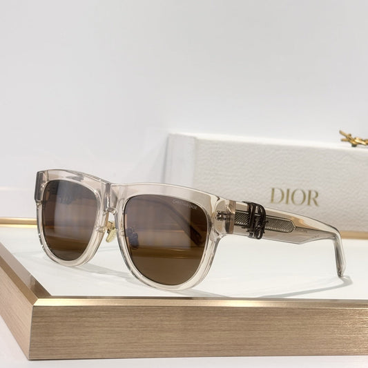 D**R Square Cat-Eye Sunglasses | Transparent Champagne Acetate Frame, 3D CD Letter Hinge Block, Flat Brown Lenses