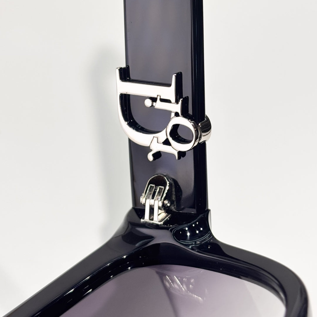 D**R Square Cat-Eye Sunglasses | Gloss Black Acetate Frame, Gold CD Letter Hinge Inlay, Gradient Grey Lenses