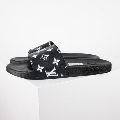 L***V Black White All-Over Oversized Monogram Waterfront Wide Strap Slide Sandals — Spring Summer Boutique Limited Edition