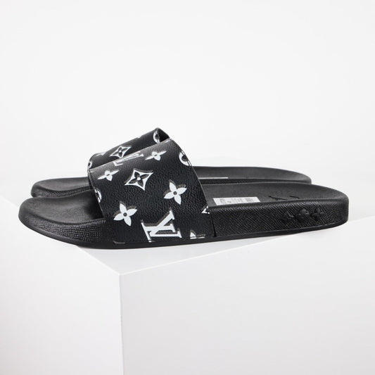 L***V Black White All-Over Oversized Monogram Waterfront Wide Strap Slide Sandals — Spring Summer Boutique Limited Edition