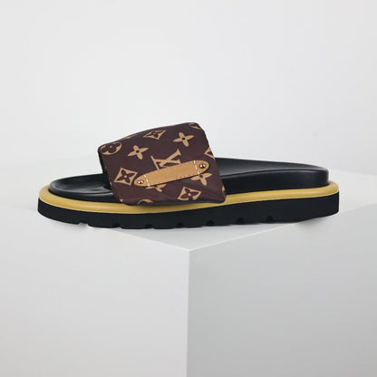 L***V Brown Classic Monogram Canvas Gold Safety Pin Platform Slide Sandals — 2024 Spring Summer Boutique Limited Edition