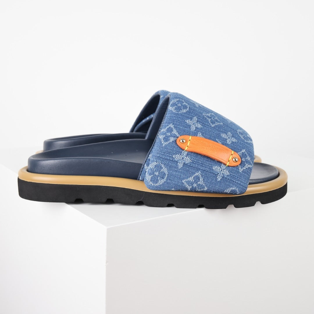 L***V Denim Monogram Velcro Strap Slide Sandals — Wide Band Adjustable Pool Beach Slippers (8 Colors)