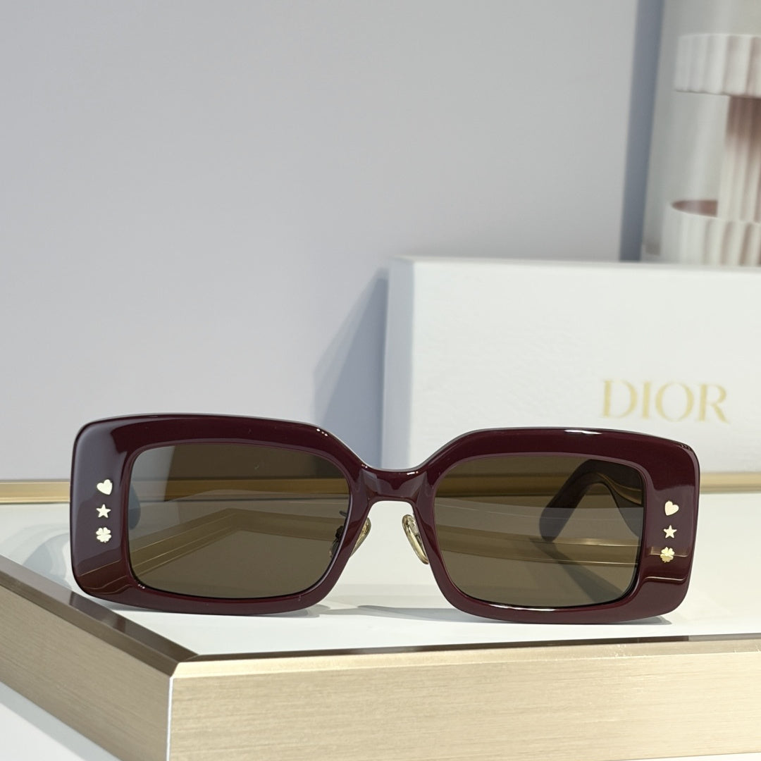 D**R Slim Rectangular Sunglasses | Burgundy Acetate Frame, Brown Lenses & Gold Logo Temple