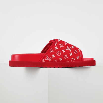 L***V Scarlet Red Monogram Jacquard Twisted Bow Ruched Strap Miami Slide Sandals — Spring Summer Boutique Limited Edition