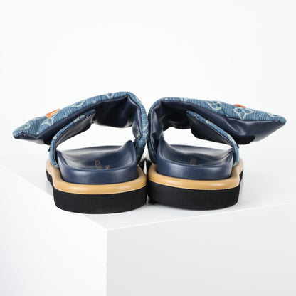 L***V Denim Monogram Double Strap Velcro Slide Sandals — SS24 Wide Band Slip-On Pool Beach Slippers (4 Colors)
