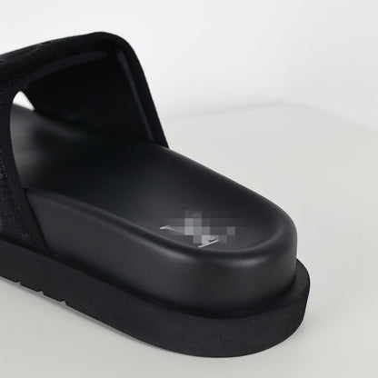 L***V All-Black Tonal Monogram Jacquard Twisted Bow Ruched Strap Miami Slide Sandals — Spring Summer Boutique Limited Edition