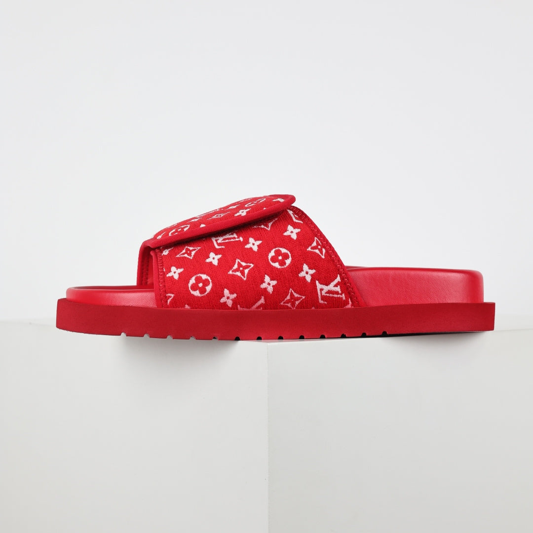 L***V Scarlet Red Monogram Jacquard Twisted Bow Ruched Strap Miami Slide Sandals — Spring Summer Boutique Limited Edition
