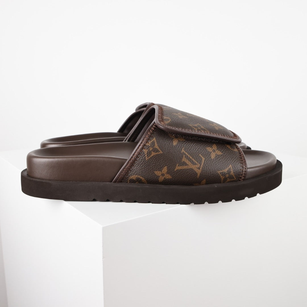 L***V Damier Ebene Dark Brown Velcro Adjustable Wide Strap Miami Slide Sandals — Spring Summer Boutique Limited Edition
