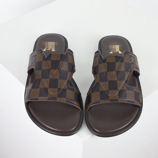 L***V Dark Brown Damier Ebene Embossed Leather H-Strap Multi-Band Oasis Flat Slide Sandals — Spring Summer Boutique Limited Edition
