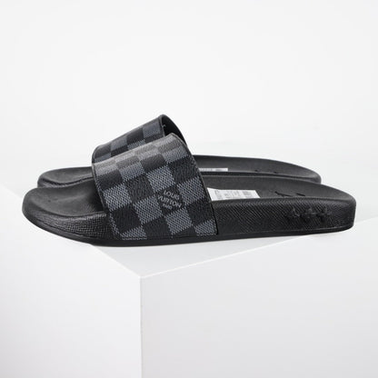 L***V Damier Graphite All-Black Waterfront Wide Strap Slide Sandals — Spring Summer Boutique Limited Edition