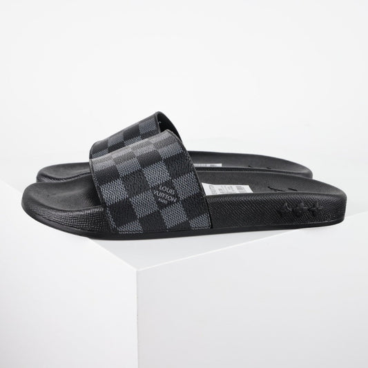 L***V Damier Graphite All-Black Waterfront Wide Strap Slide Sandals — Spring Summer Boutique Limited Edition