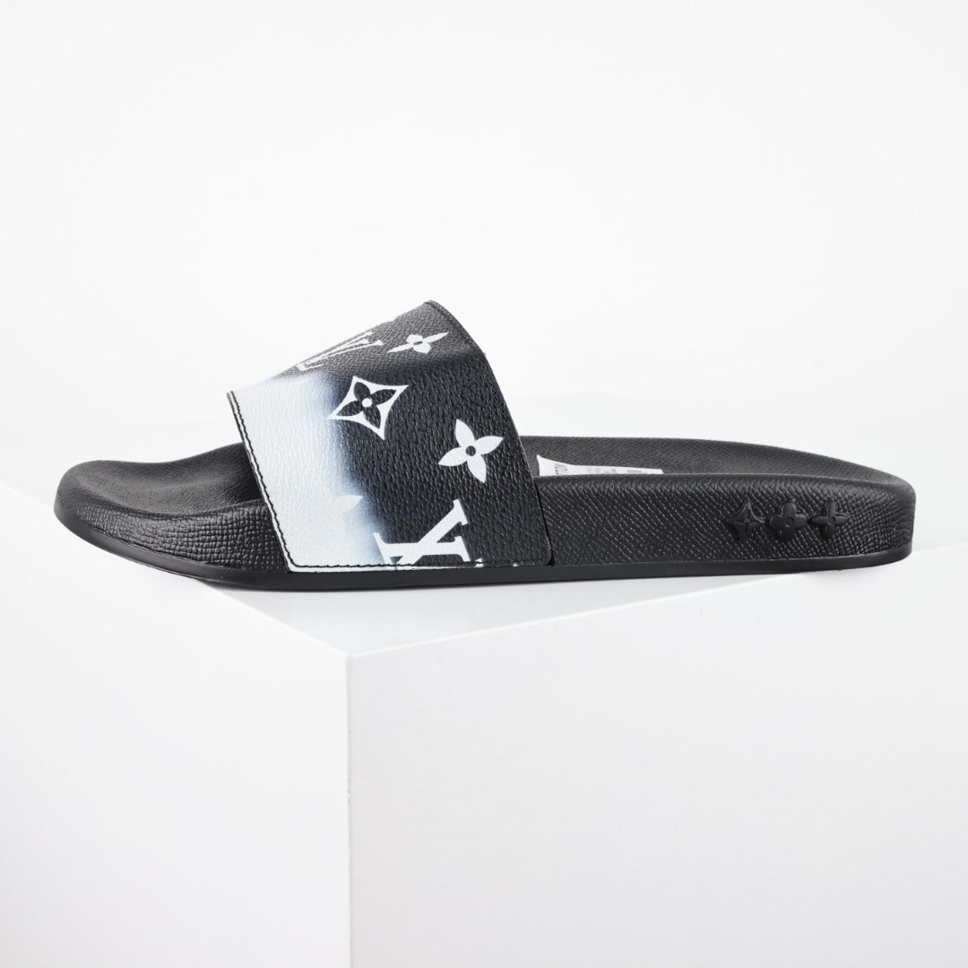 L***V Black White Gradient Oversized Monogram Waterfront Wide Strap Slide Sandals — Spring Summer Boutique Limited Edition