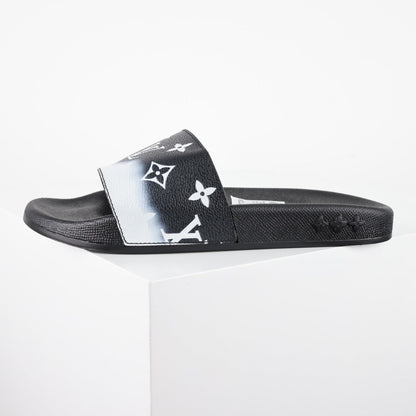 L***V Black White Gradient Oversized Monogram Waterfront Wide Strap Slide Sandals — Spring Summer Boutique Limited Edition