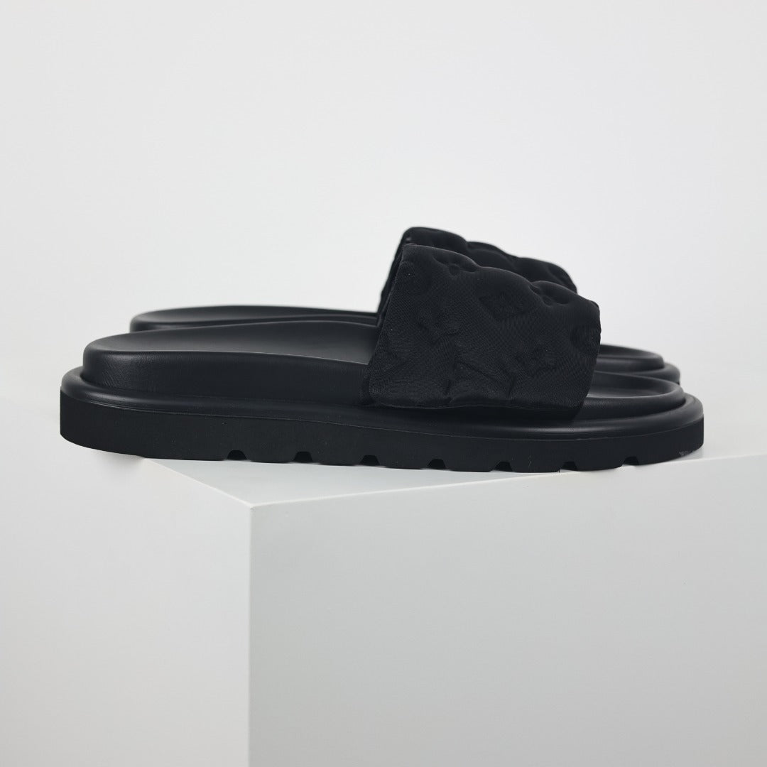 L***V All-Black Tonal Monogram Puffy Quilted Wide Strap Platform Slide Sandals — 2024 Spring Summer Boutique Limited Edition