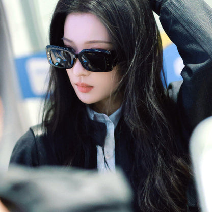 D**R Slim Rectangular Sunglasses | Glossy Black Frame, Dark Grey Lenses & Silver Logo Temple