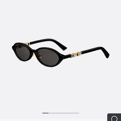 D**R Small Round Oval Sunglasses | Gloss Black Acetate, Crystal-Set DIOR Letter Temple Block, Gold Metal Nose Bridge, Flat Dark Grey Lenses