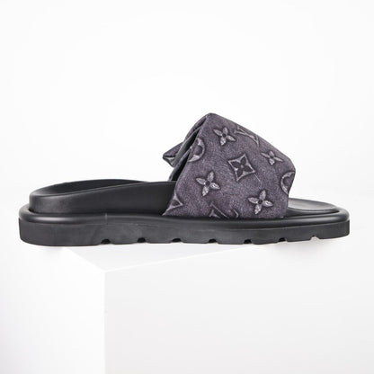 L***V Dark Grey Monogram Nylon Pool Pillow Comfort Wide Strap Slide Sandals — Spring Summer Boutique Limited Edition