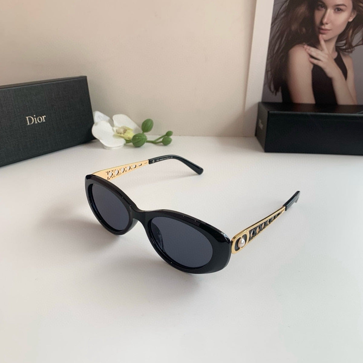 D**R Oval Sunglasses with Glossy Black Acetate Frame, Dark Grey Lenses & Gold Filigree Pearl Embellished Temple Hardware